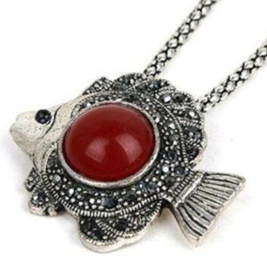 Silver Sea Life Angel Fish Necklace Red Green 18"
